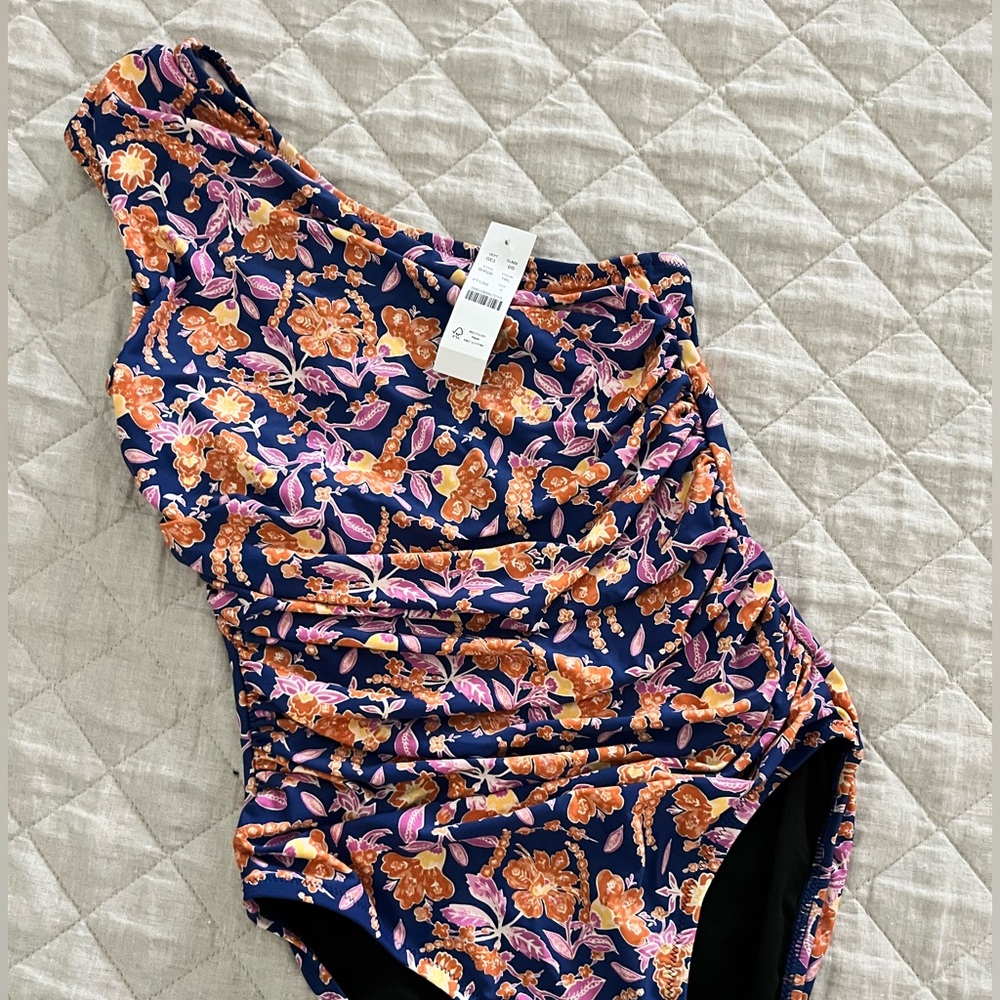 NWT- J. Crew one shoulder ruched one piece swimsuit- size 0. Blue, pink, orange